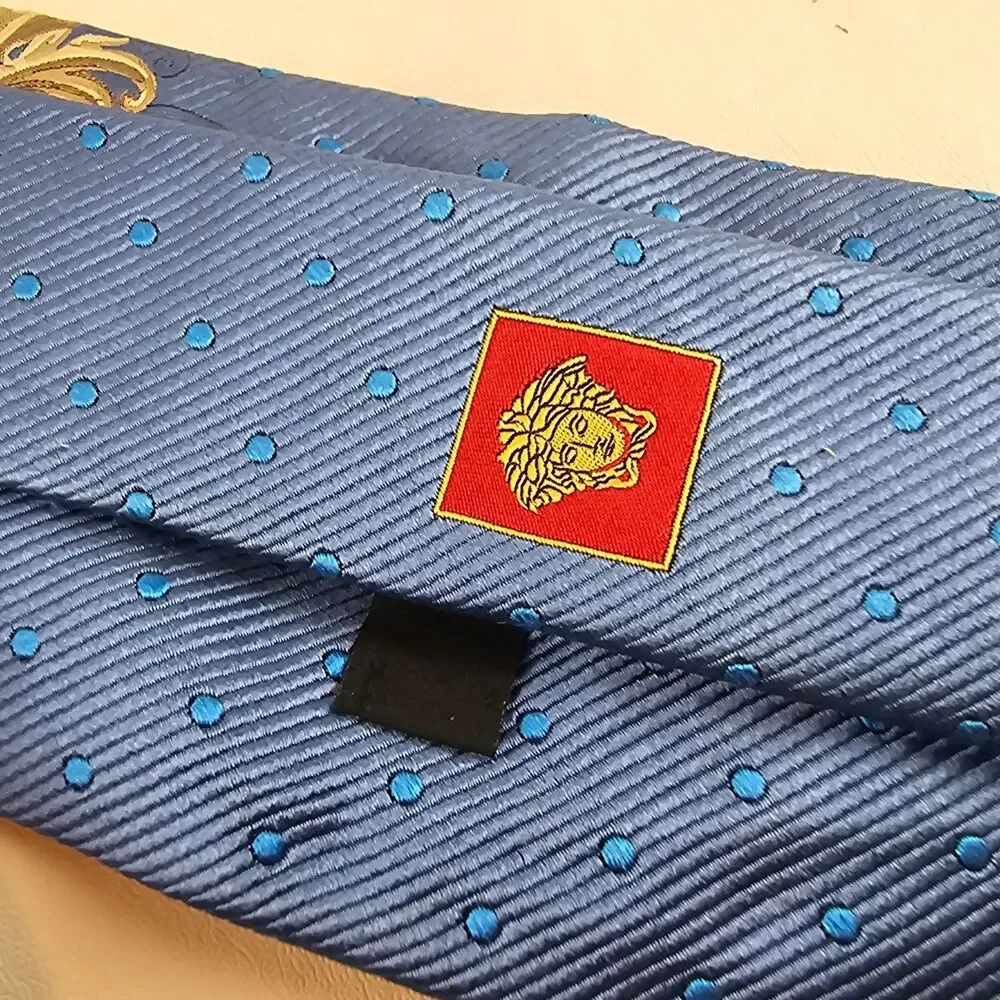 Versace Tie Men's Blue Silk Medusa Baroque Polka Dot Luxury Designer Necktie